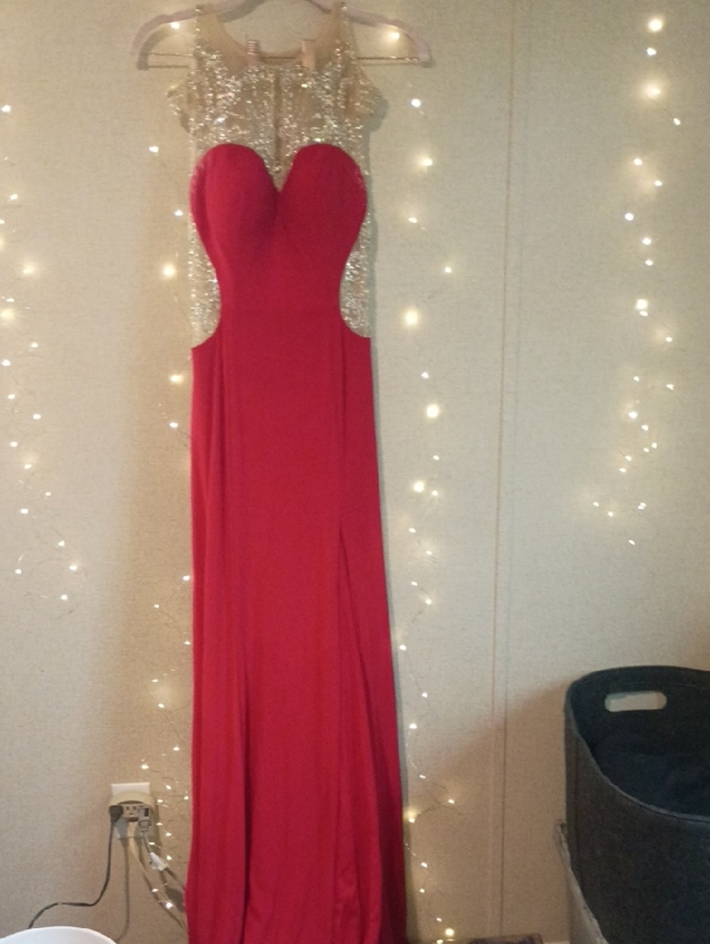 Angela & Alison Red Evening Gown with Gold Beaded Illusion Bodice